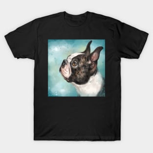 Painting of an Adorable Boston Terrier Looking Left on Blue Background T-Shirt